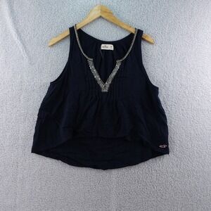 Y2K Womens M Hollister Embellished Tank Top Navy Blue Sleeveless Casual‎ Blouse
